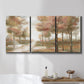 Three-panel canvas wall art featuring soft pastel park landscape scene, displayed in a bathroom above a bathtub.