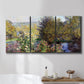 Three-panel canvas wall art featuring garden corner with flowering trees, displayed in a bathroom above a bathtub.