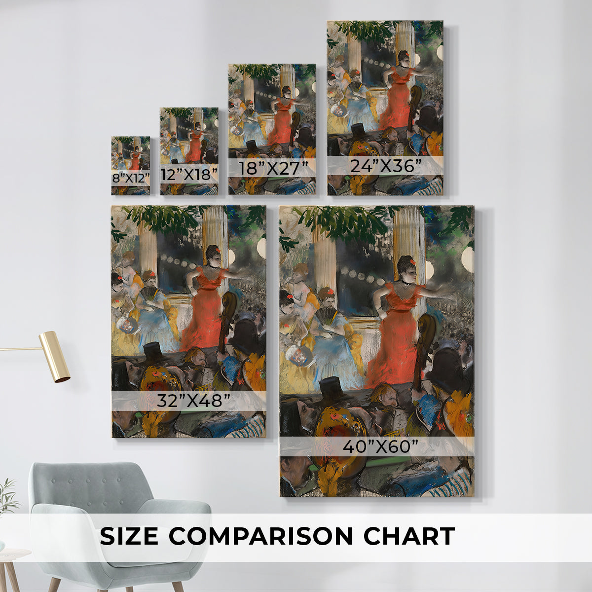 Size comparison chart for canvas art prints, showing multiple size options.