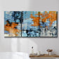 Three-panel canvas wall art featuring mid century abstract playground shapes, displayed in a bathroom above a bathtub.