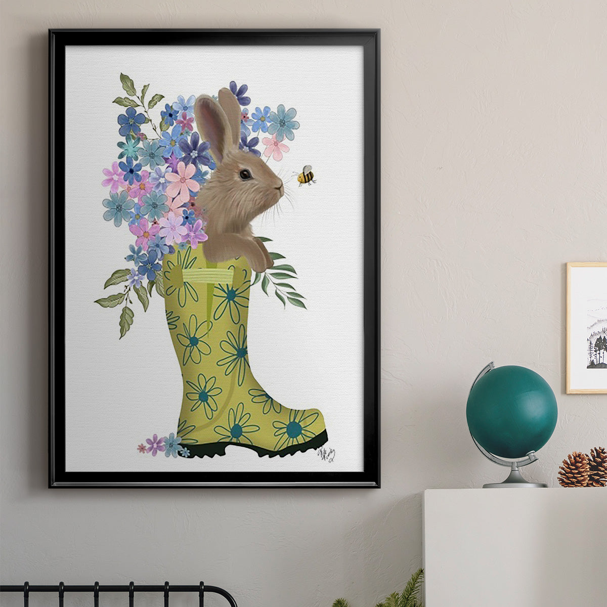 Welly Bunny And Bee - Modern Framed Canvas Print