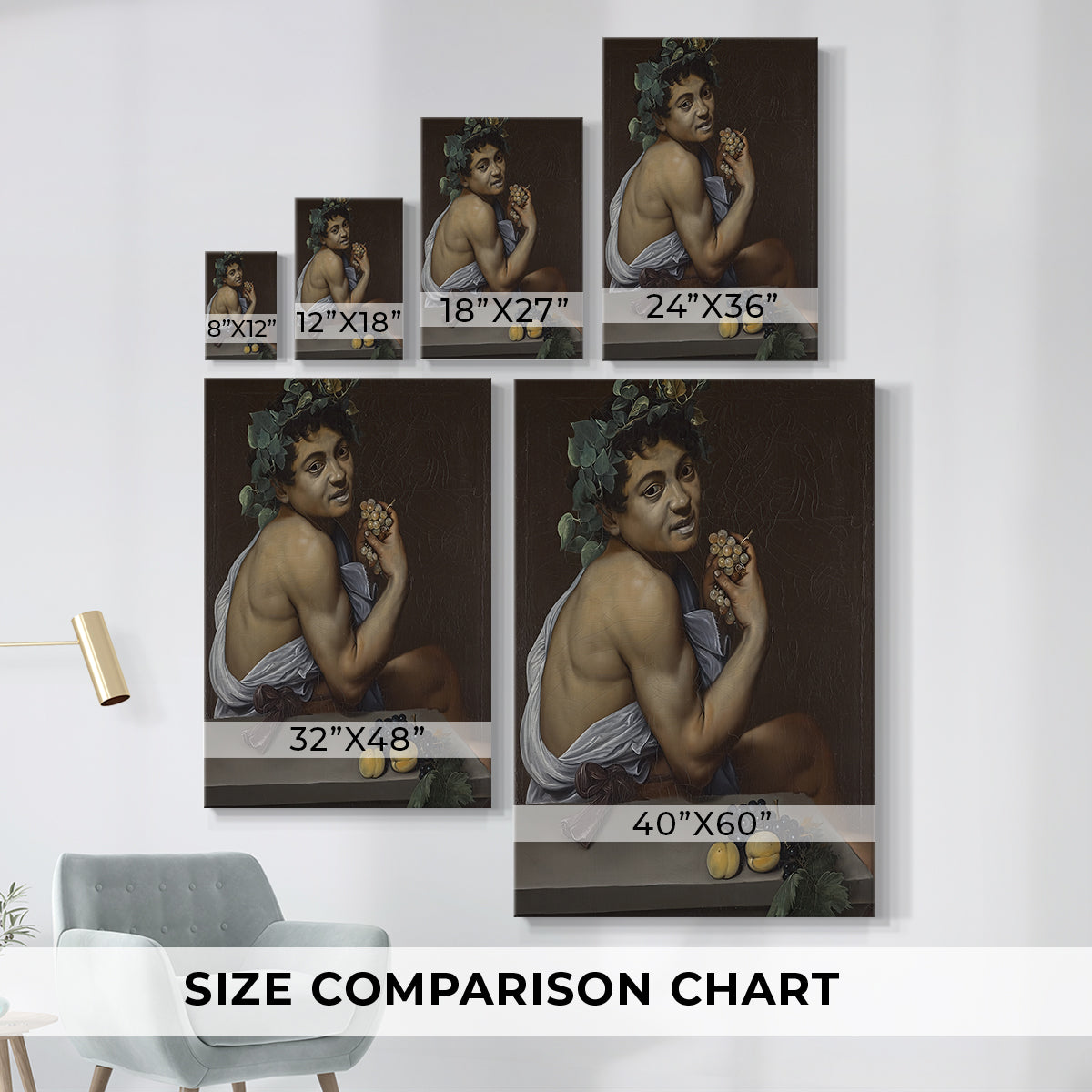 Size comparison chart for canvas art prints, showing multiple size options.