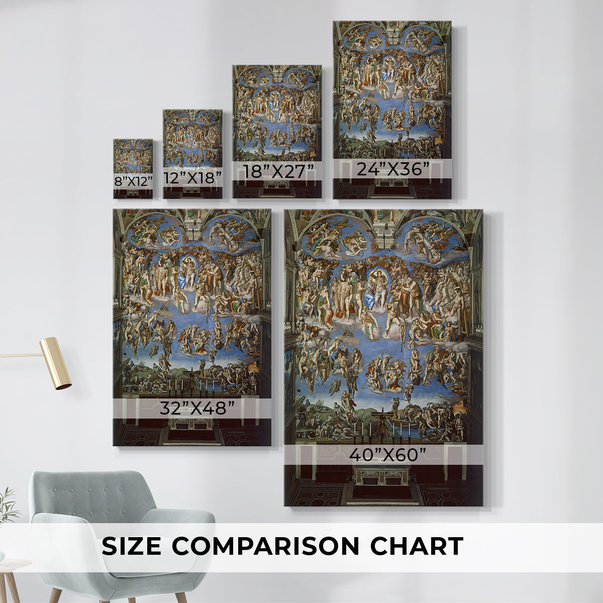 Size comparison chart for canvas art prints, showing multiple size options.