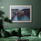 Impressionist rocky seascape by Claude Monet in an ornate weathered white frame displayed in a dark-toned interior setting.