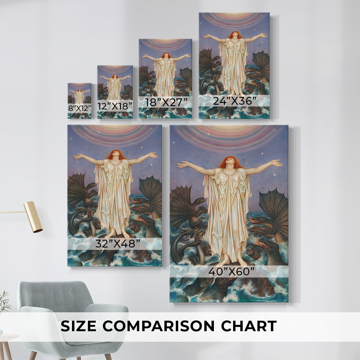 Size comparison chart for canvas art prints, showing multiple size options.