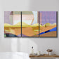 Three-panel canvas wall art featuring mid century geometric pink abstraction, displayed in a bathroom above a bathtub.