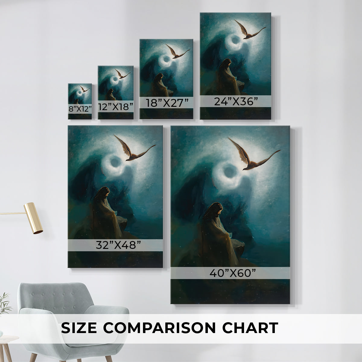 Size comparison chart for canvas art prints, showing multiple size options.