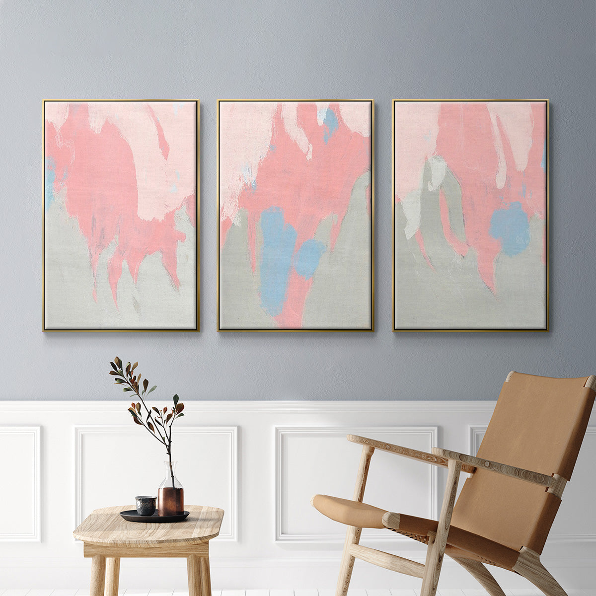 Blushing Abstract I - Framed Premium Gallery Wrapped Canvas L Frame 3 Piece Set - Ready to Hang