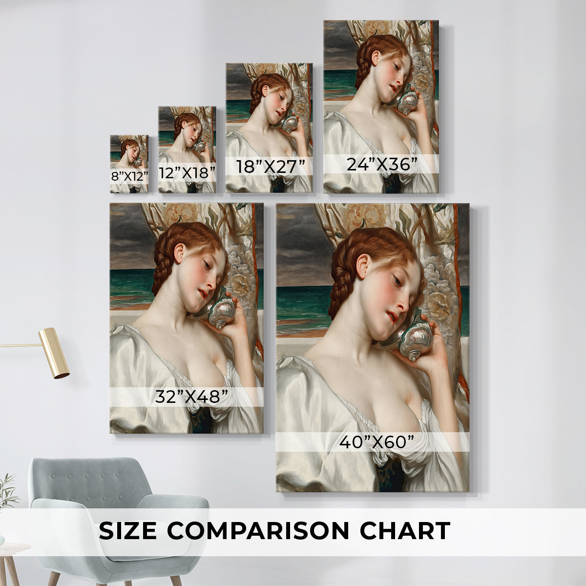 Size comparison chart for canvas art prints, showing multiple size options.
