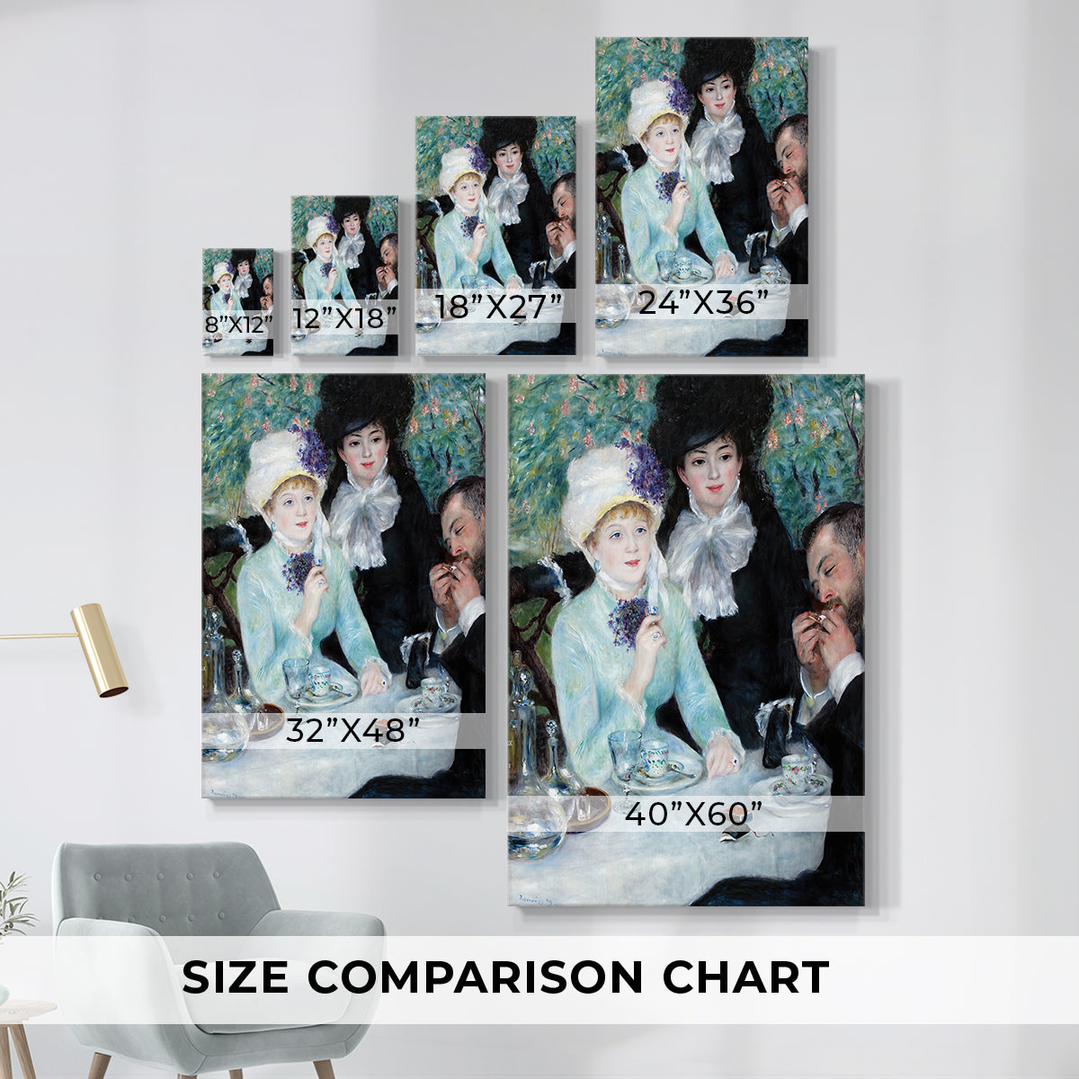 Size comparison chart for canvas art prints, showing multiple size options.