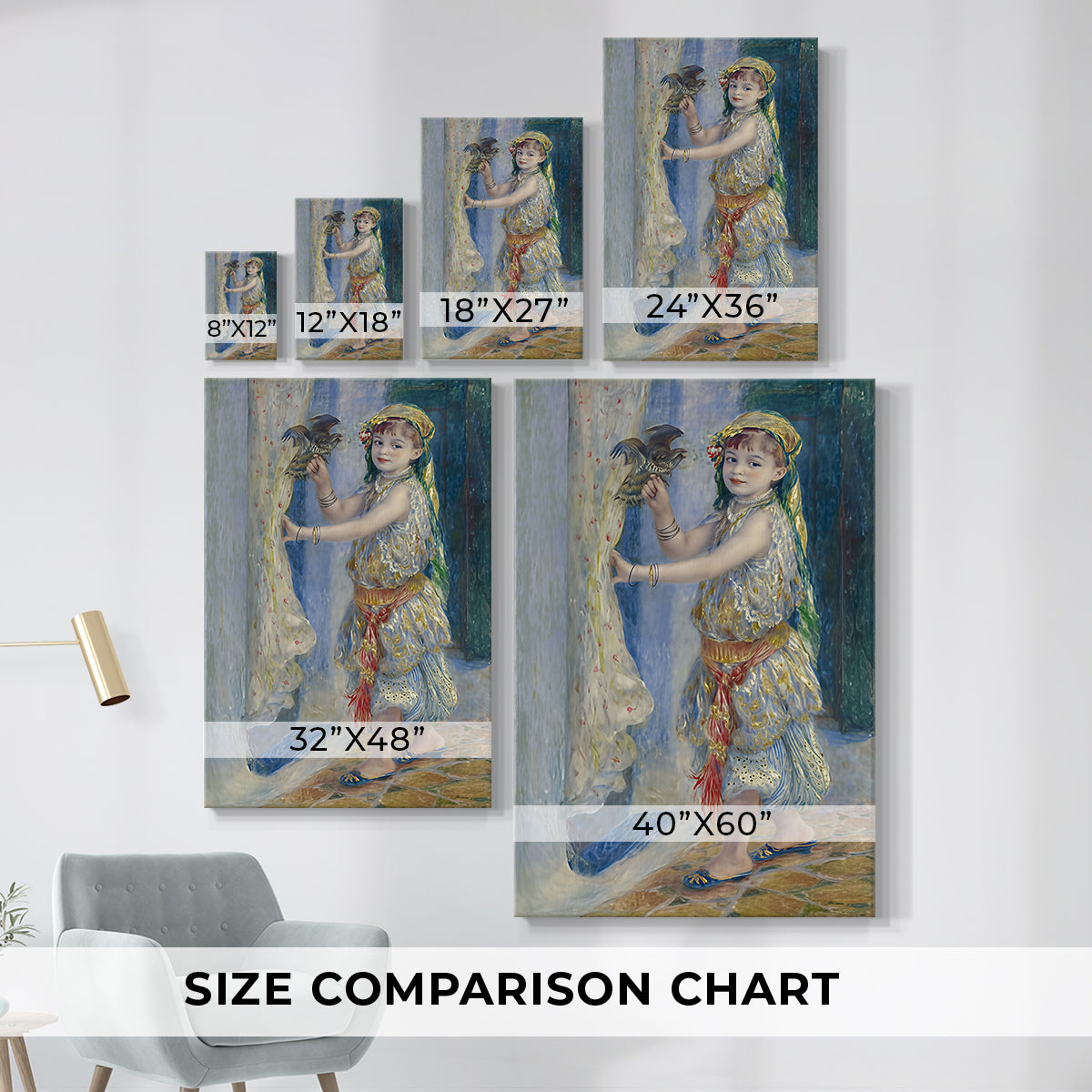 Size comparison chart for canvas art prints, showing multiple size options.