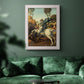 Religious painting of Saint George slaying the dragon by Raphael in an ornate weathered white frame displayed in a dark-toned interior setting.