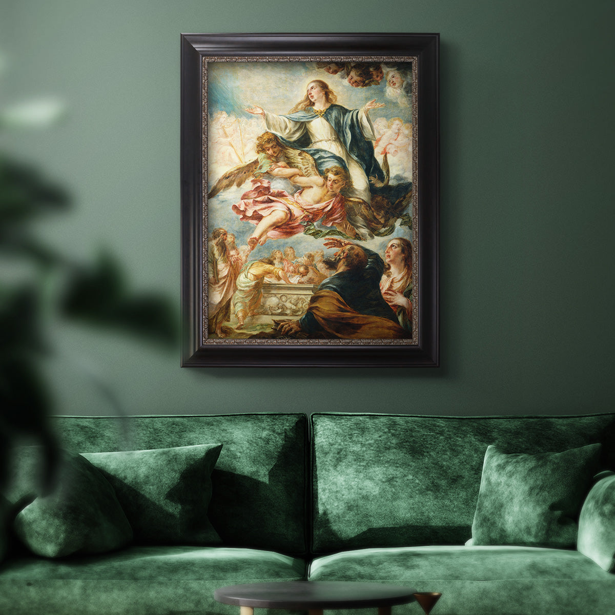 Religious painting of the Assumption of the Virgin Mary by Juan de Valdés Leal in an ornate black frame with gilded inner detail displayed in a dark-toned interior setting.