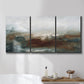 Three-panel canvas wall art featuring soft abstract evening light, displayed in a bathroom above a bathtub.