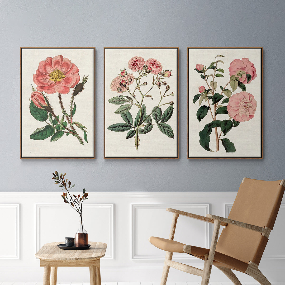 Pink Floral Mix IV - Framed Premium Gallery Wrapped Canvas L Frame 3 Piece Set - Ready to Hang