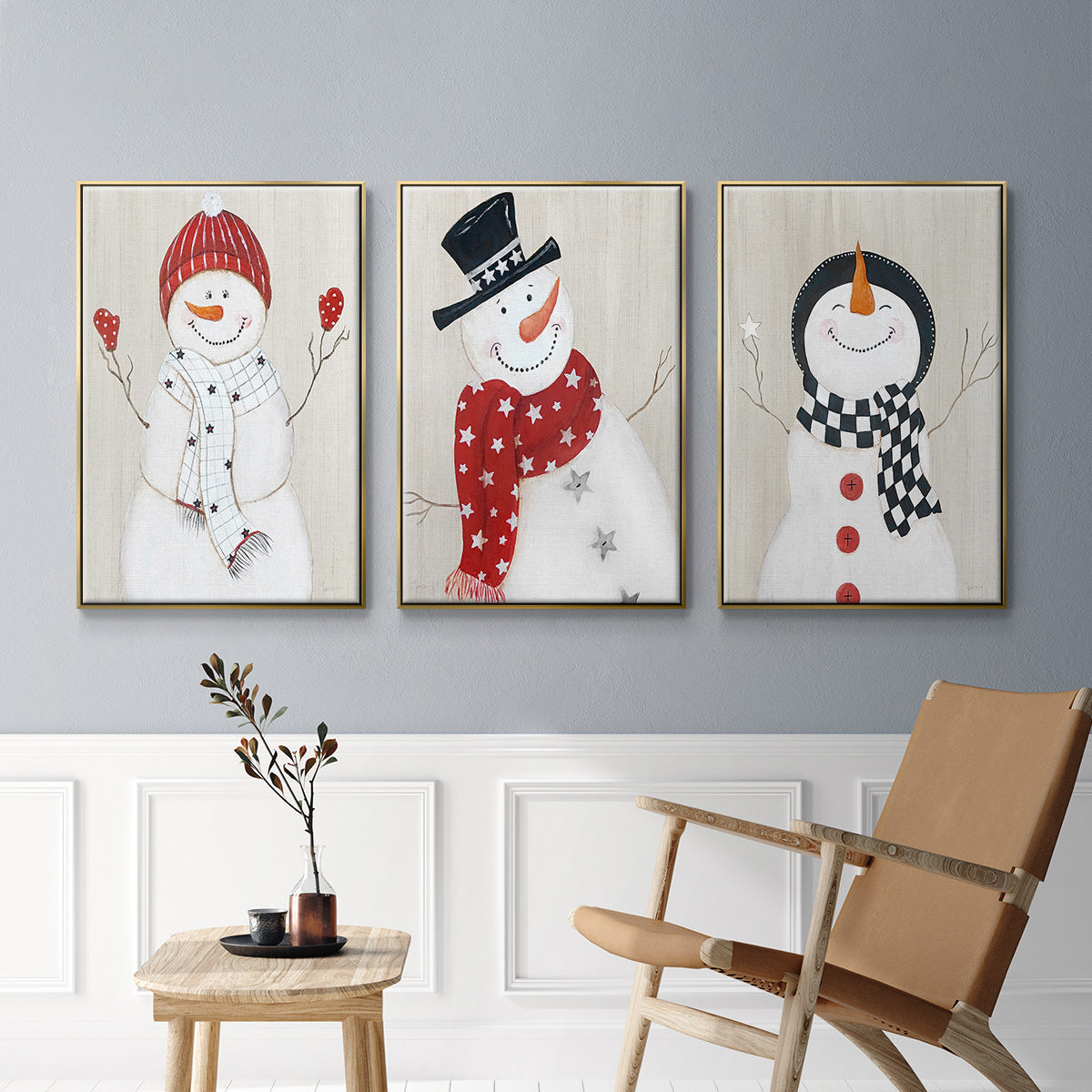 Snowman - Framed Premium Gallery Wrapped Canvas L Frame 3 Piece Set - Ready to Hang