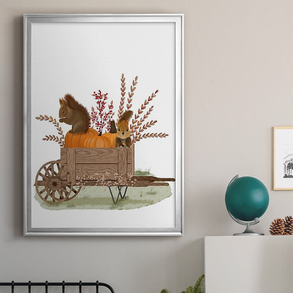 Squirrels In Pumpkin Wheelbarrow - Modern Framed Canvas Print