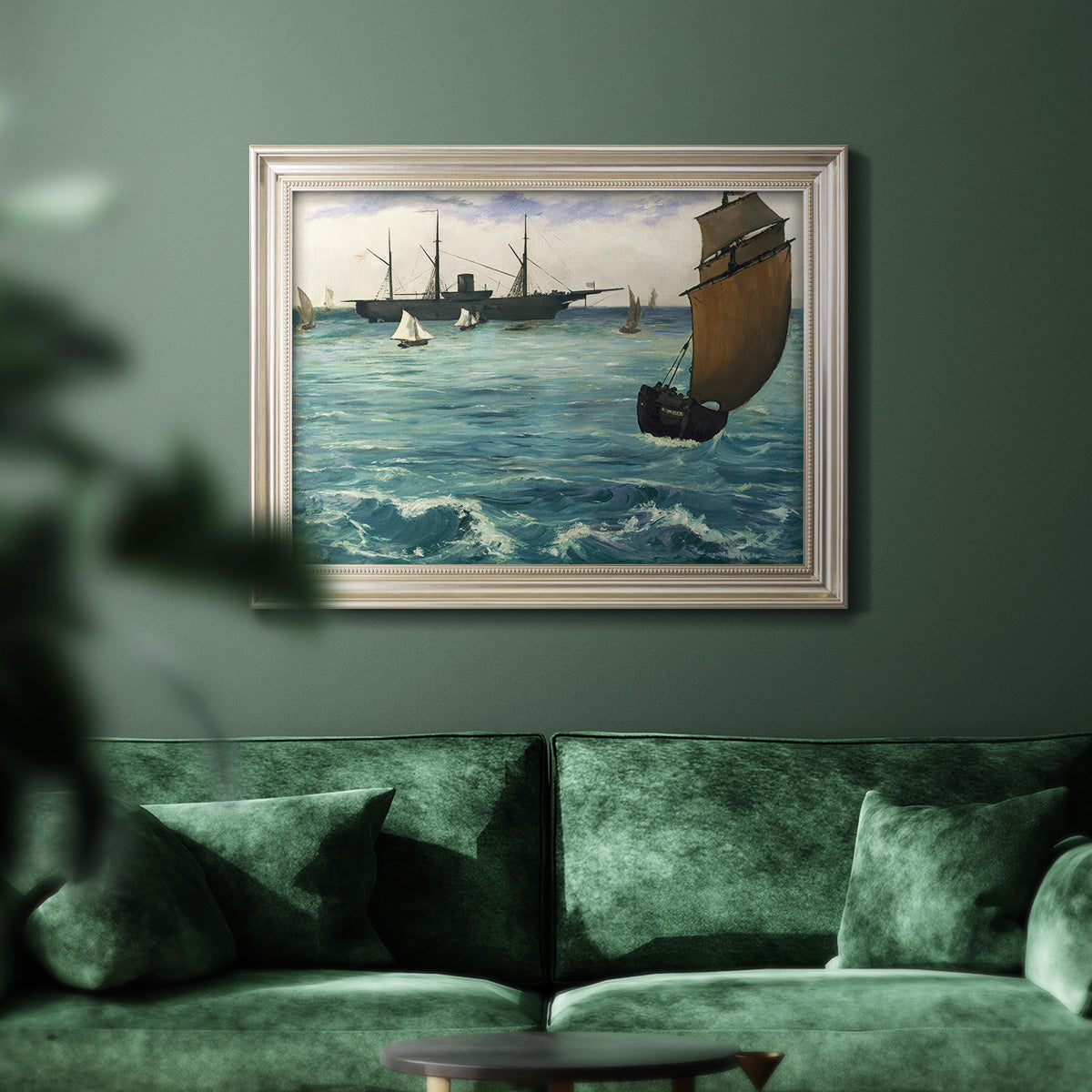 Impressionist naval seascape with the Kearsarge by Édouard Manet in an ornate champagne frame displayed in a dark-toned interior setting.