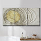 Three-panel canvas wall art featuring circular abstract energy forms, displayed in a bathroom above a bathtub.