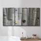 Three-panel canvas wall art featuring close up tree bark texture photograph, displayed in a bathroom above a bathtub.
