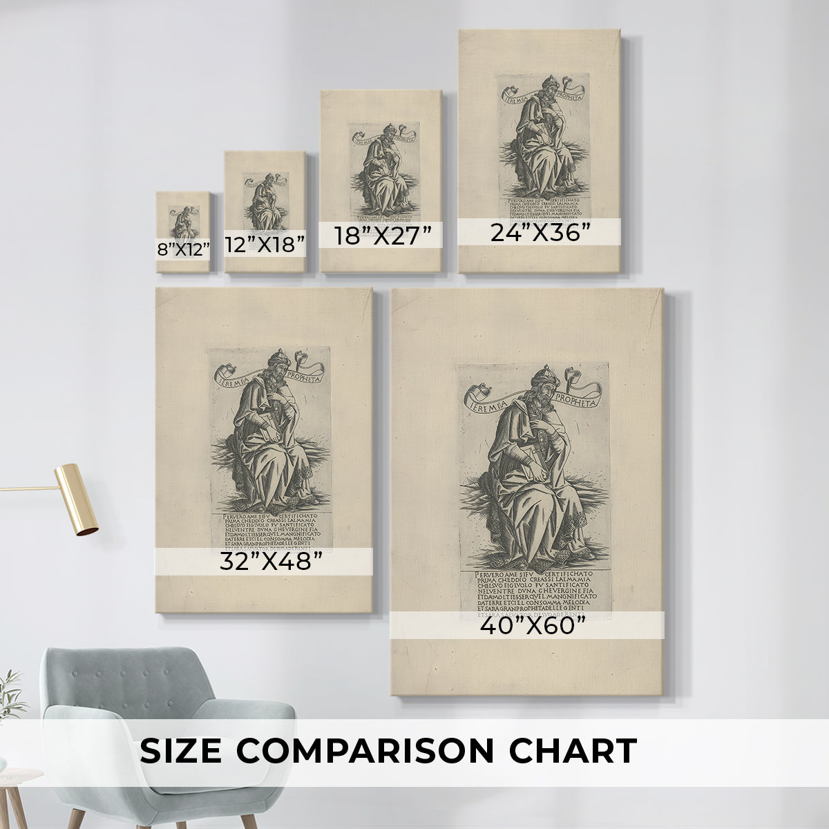 Size comparison chart for canvas art prints, showing multiple size options.