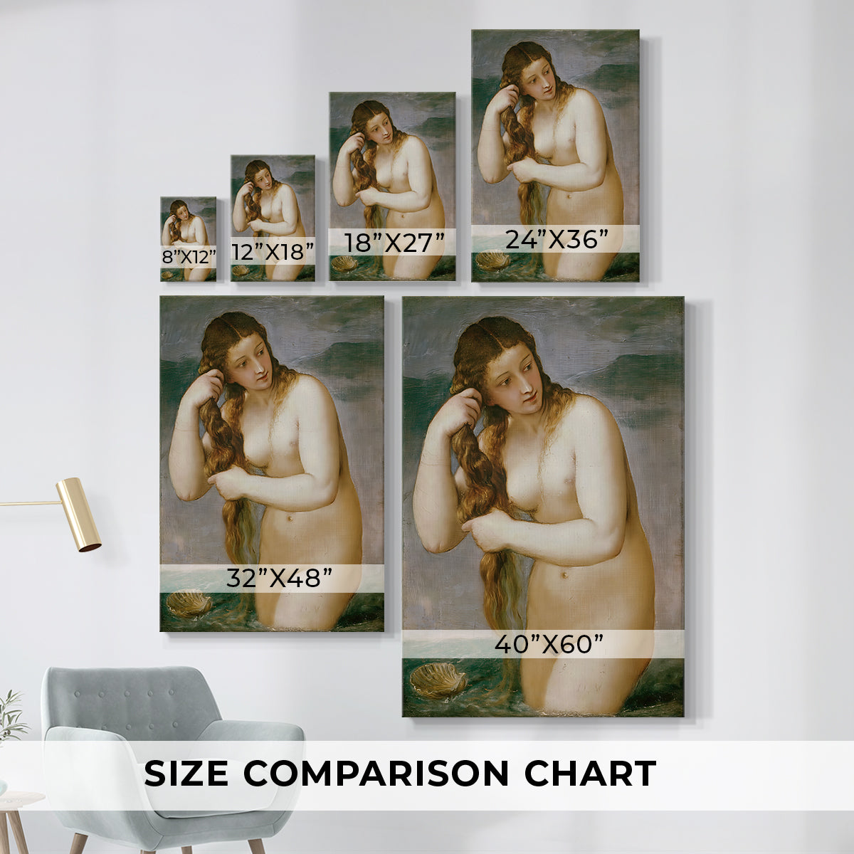 Size comparison chart for canvas art prints, showing multiple size options.