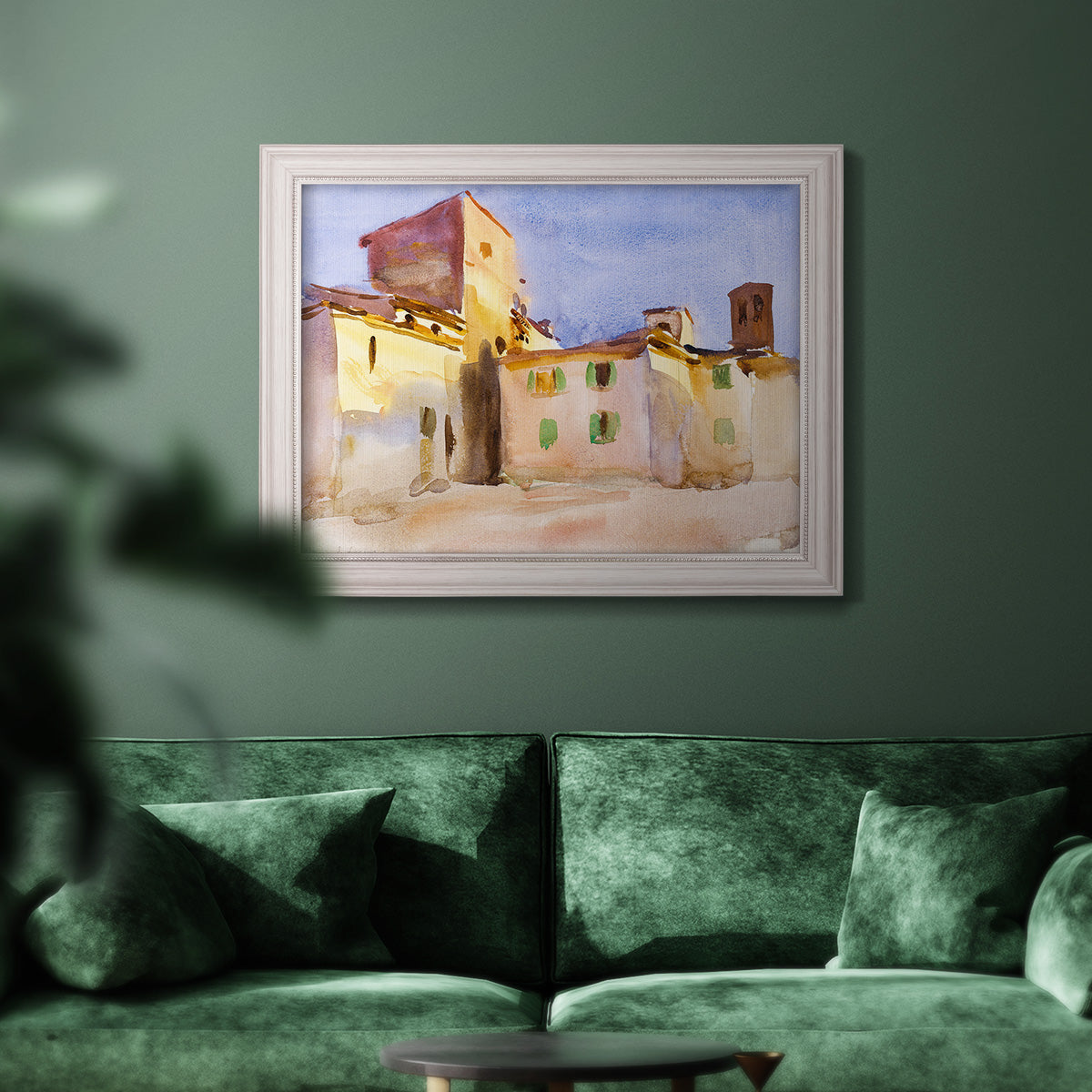 Impressionist Italian village scene by John Singer Sargent in an ornate weathered white frame displayed in a dark-toned interior setting.