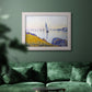 Impressionist coastal harbor at dusk by Paul Signac in an ornate weathered white frame displayed in a dark-toned interior setting.