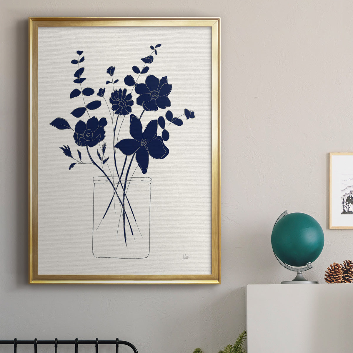 Indigo Sketch Bouquet I - Modern Framed Canvas Print