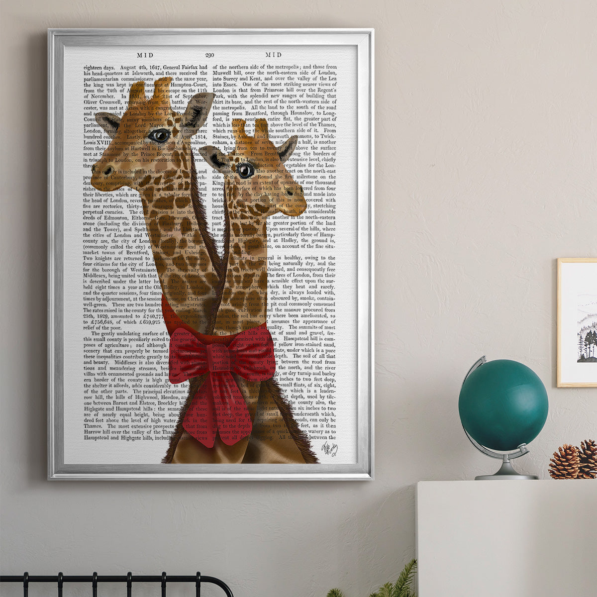 Giraffes and Bow - Modern Framed Canvas Print