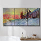 Three-panel canvas wall art featuring river view beneath cloudy sky, displayed in a bathroom above a bathtub.