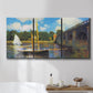 Three-panel canvas wall art featuring bridge crossing river landscape, displayed in a bathroom above a bathtub.