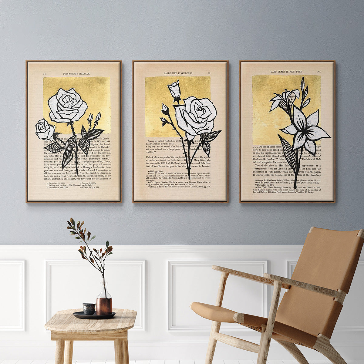 Floral Diary I - Framed Premium Gallery Wrapped Canvas L Frame 3 Piece Set - Ready to Hang