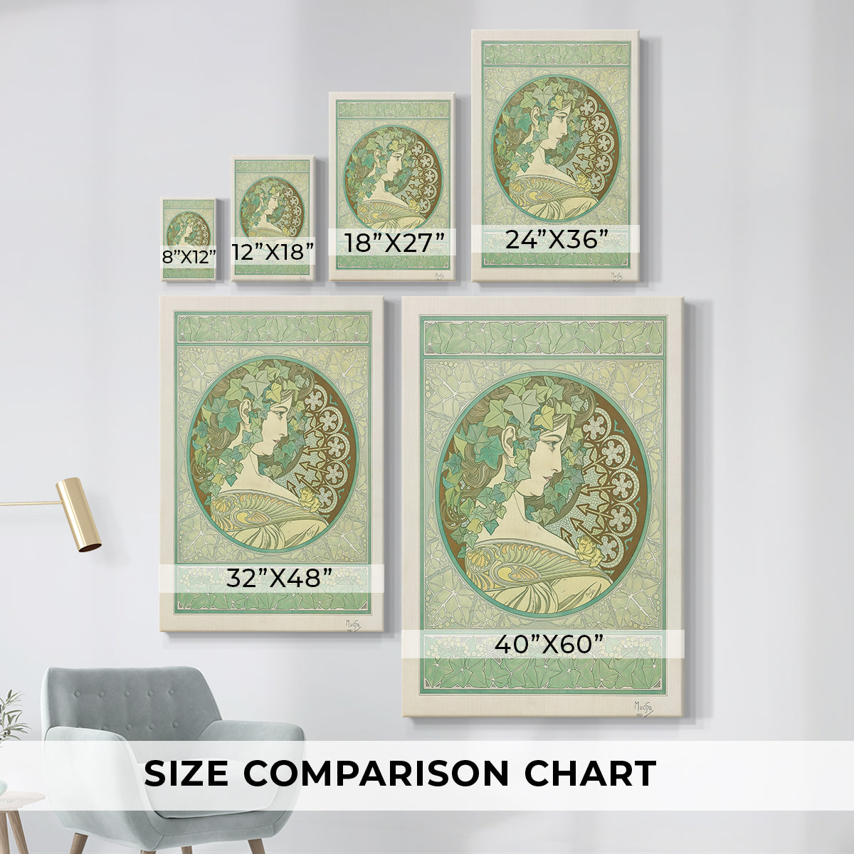 Size comparison chart for canvas art prints, showing multiple size options.