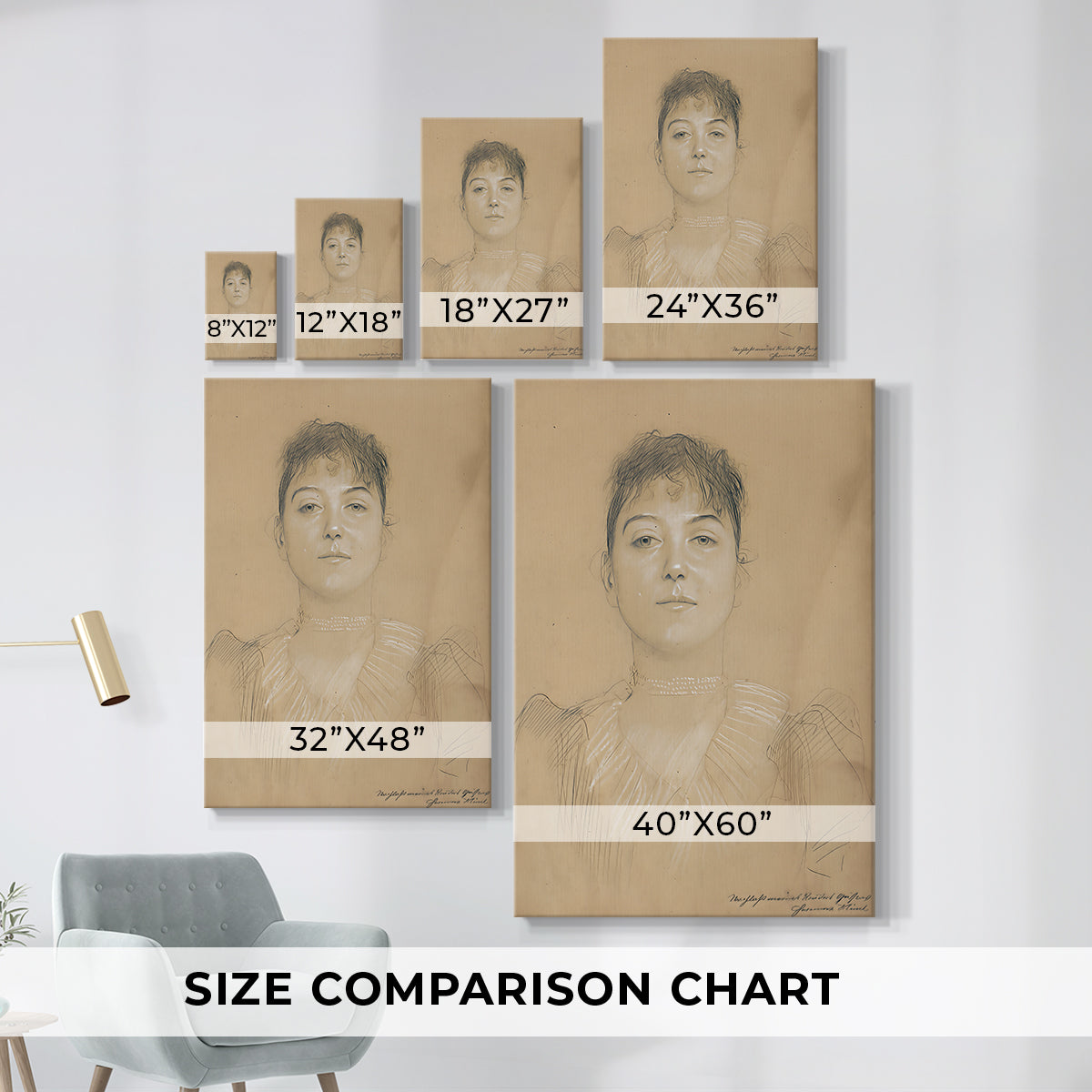 Size comparison chart for canvas art prints, showing multiple size options.