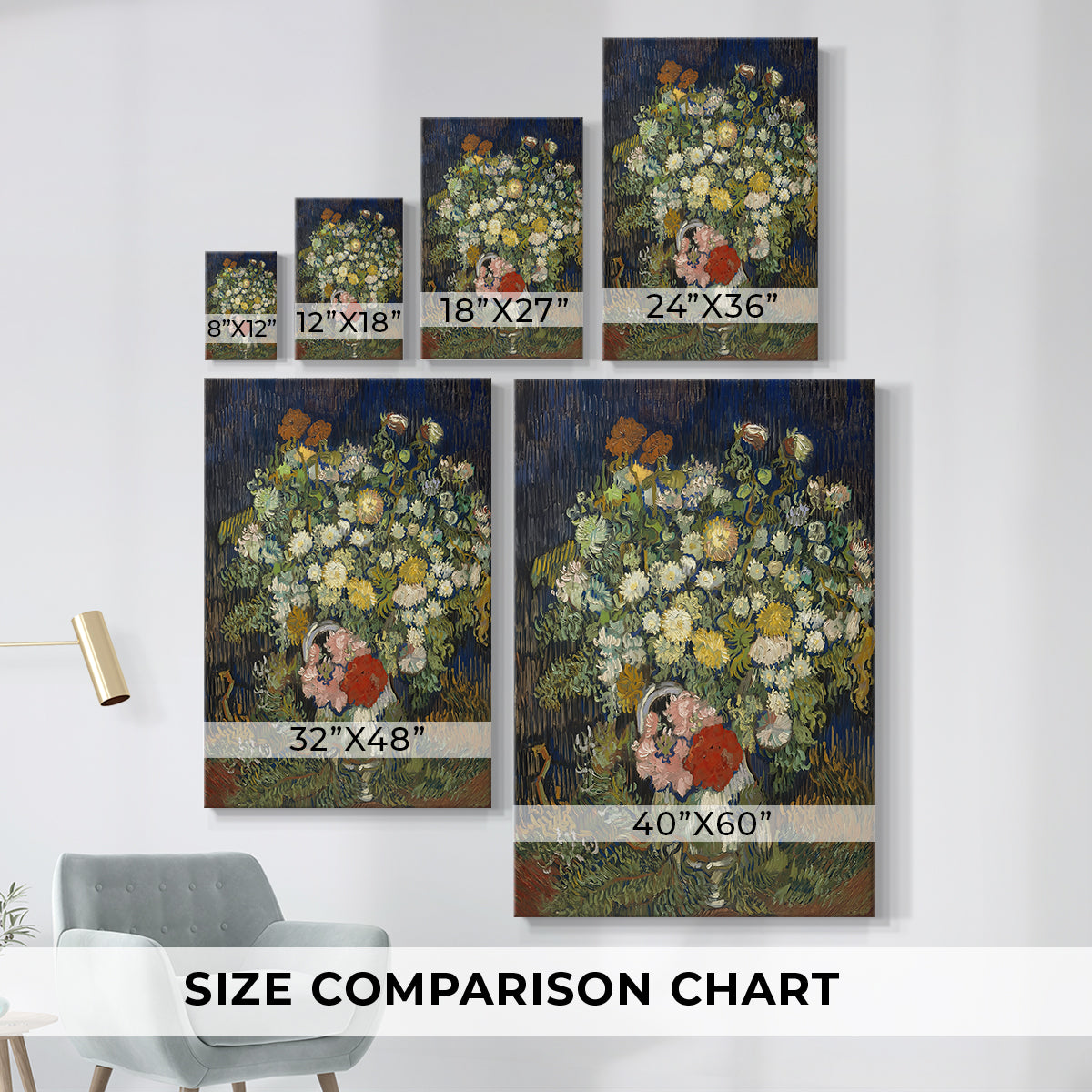 Size comparison chart for canvas art prints, showing multiple size options.