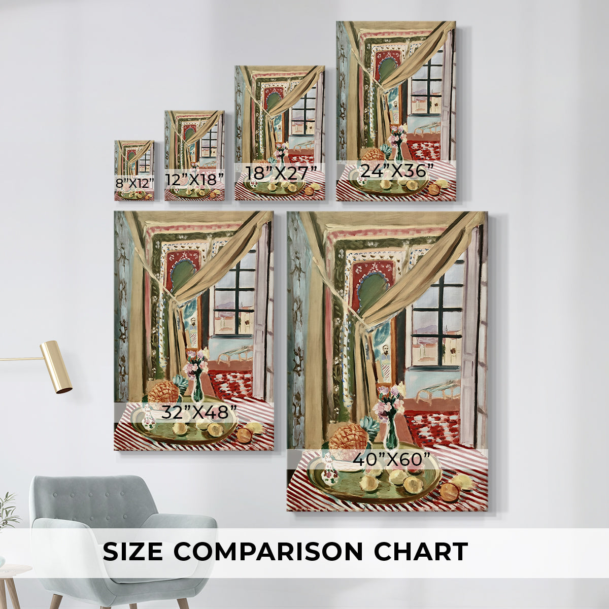 Size comparison chart for canvas art prints, showing multiple size options.