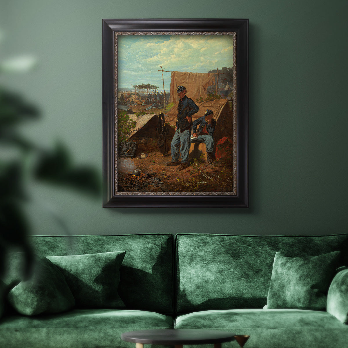 American genre scene of domestic life by Winslow Homer in an ornate black frame with gilded inner detail displayed in a dark-toned interior setting.