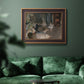 Impressionist backstage ballet scene by Edgar Degas in an ornate bronzed mahogany wood frame displayed in a dark-toned interior setting.