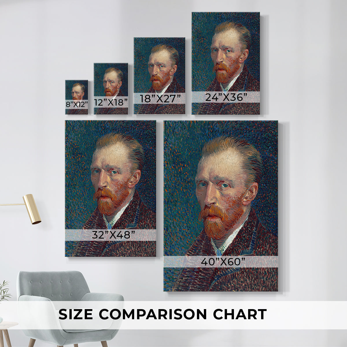 Size comparison chart for canvas art prints, showing multiple size options.