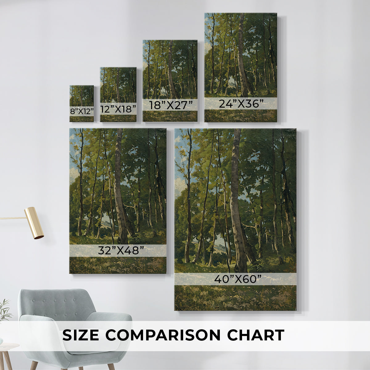 Size comparison chart for canvas art prints, showing multiple size options.