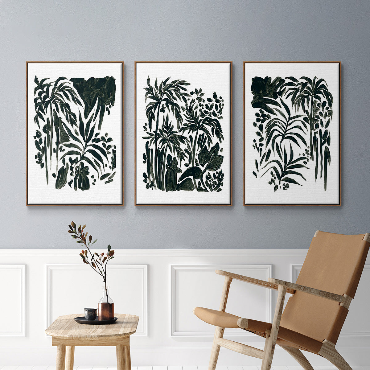 Ink Jungle I - Framed Premium Gallery Wrapped Canvas L Frame 3 Piece Set - Ready to Hang