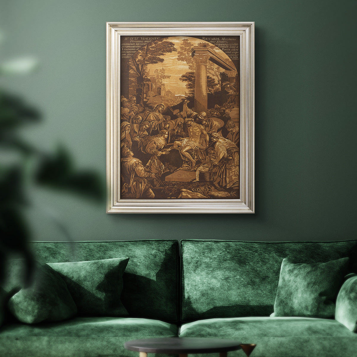 Monochrome religious painting of the raising of Lazarus by Leandro Bassano in an ornate champagne frame displayed in a dark-toned interior setting.
