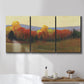 Three-panel canvas wall art featuring autumn landscape changing foliage, displayed in a bathroom above a bathtub.