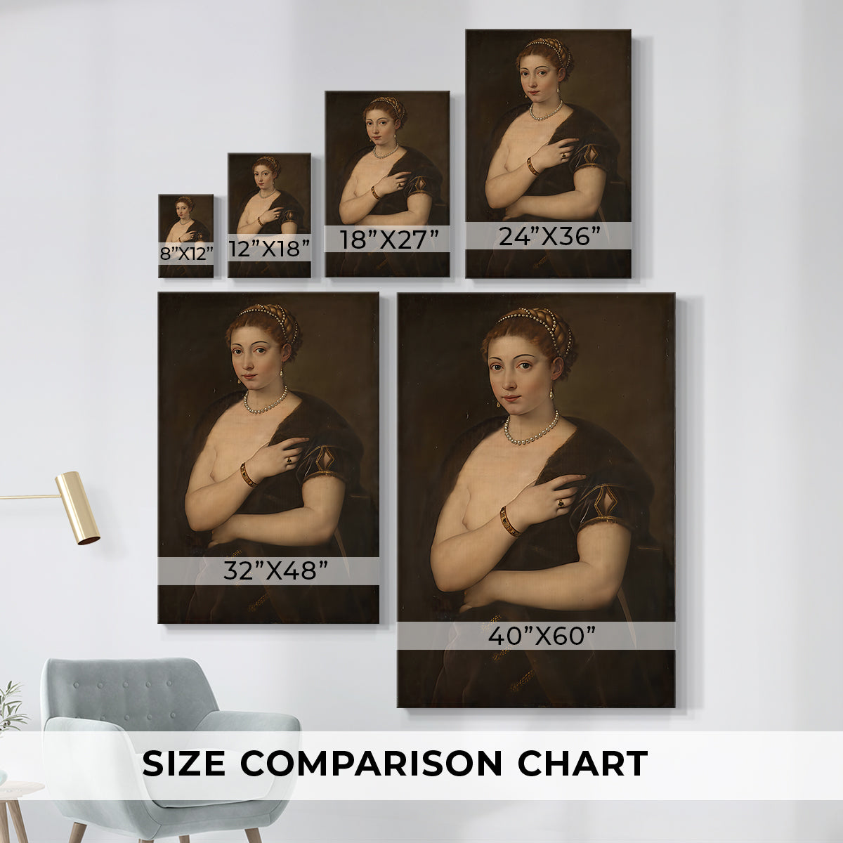 Size comparison chart for canvas art prints, showing multiple size options.