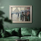 Impressionist urban street scene in the rain by Gustave Caillebotte in an ornate champagne frame displayed in a dark-toned interior setting.