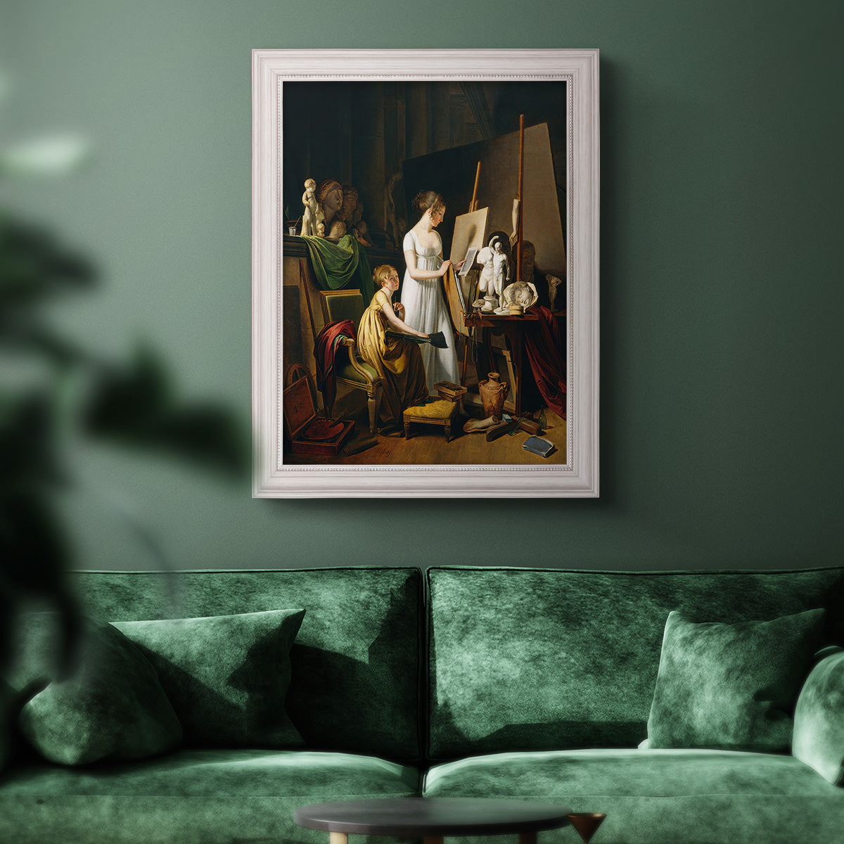 Classical interior painting of an artist at work by Louis-Leopold Boilly in an ornate weathered white frame displayed in a dark-toned interior setting.