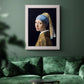 Iconic portrait of a girl wearing a pearl earring by Johannes Vermeer in an ornate weathered white frame displayed in a dark-toned interior setting.