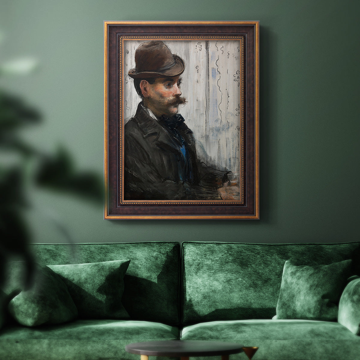 Impressionist portrait of a seated man by Édouard Manet in an ornate bronzed mahogany wood frame displayed in a dark-toned interior setting.