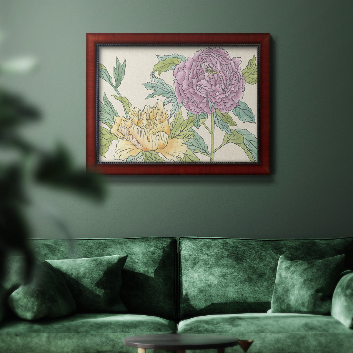 Contemporary peony flower illustration in an ornate cherry burl wood frame displayed in a dark-toned interior setting.